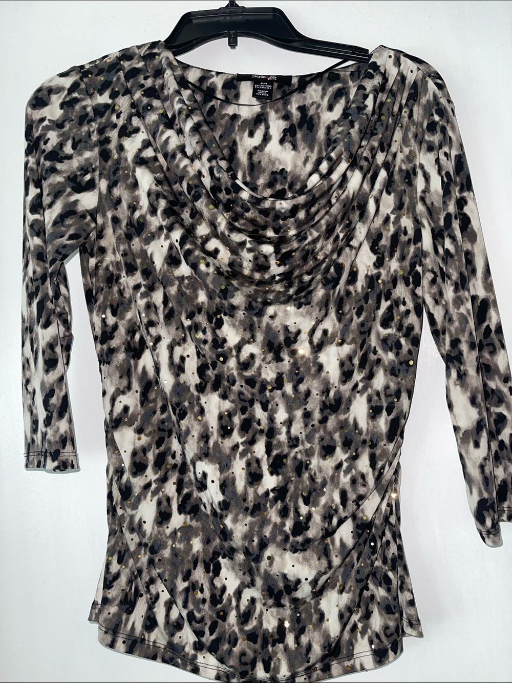 Style & Co. Black and Gray Animal Print Blouse with Stud Detail